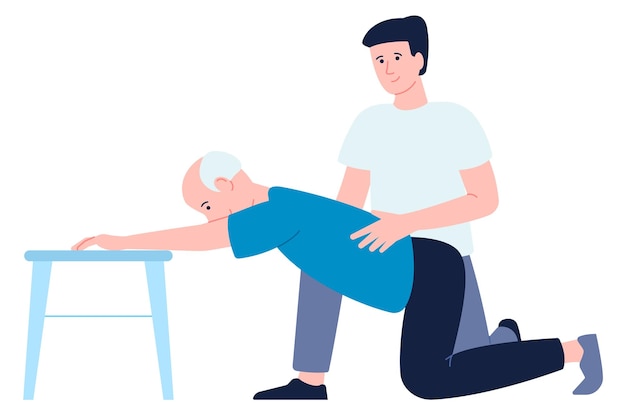 Vector terapia de entrenamiento médico anciano rehabilitación senior aislada sobre fondo blanco