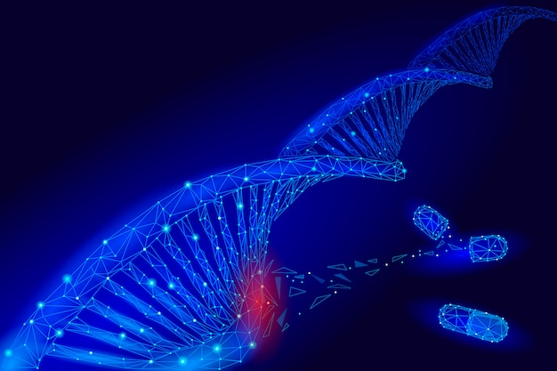 Terapia génica adn 3d molécula química estructura baja poli. línea de punto de triángulo poligonal