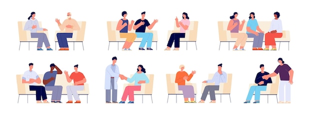 Terapia de grupo personas sentadas en sillas persona en sofá o sofá hablar con consultor adultos hablando psicólogo y apoyo psicológico completo conjunto de vectores