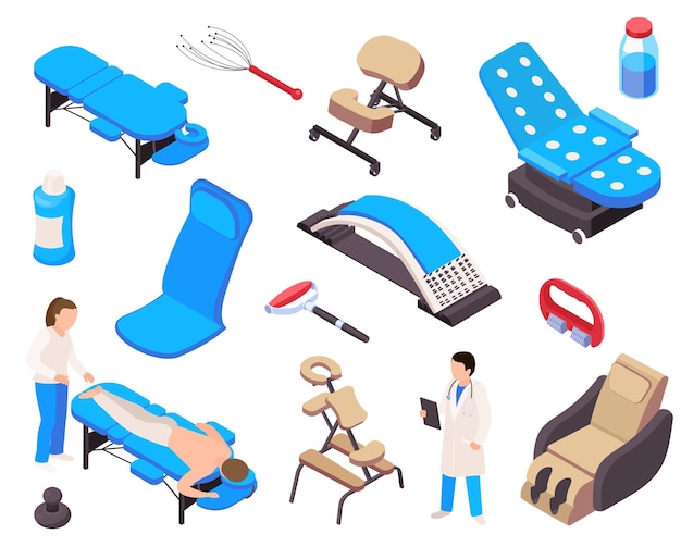 Terapia de masaje colección isométrica de íconos aislados e imágenes de suministros médicos equipo fisioterapéutico e ilustración de vectores de personas
