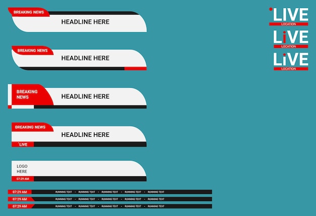 Vector tercer conjunto de plantillas inferiores de pancartas y barras de tv para la transmisión de canales de noticias y deportes