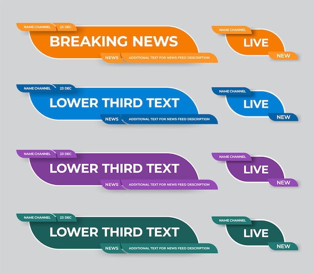 Tercera línea de noticias inferior vectorial para canales de televisión de vídeo multimedia placa de título de forma abstracta un conjunto de paneles con inserciones de color texto del nombre del encabezado plantilla de ilustración con diseño sobre fondo blanco