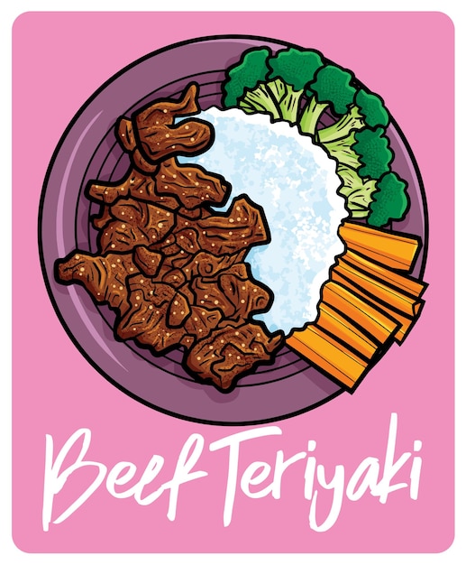 Teriyaki de ternera delicioso en estilo de dibujos animados divertidos