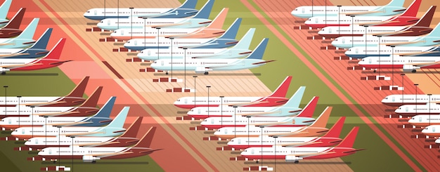 Vector terminal del aeropuerto con aviones estacionados en la calle de rodaje coronavirus pandemia concepto de cuarentena