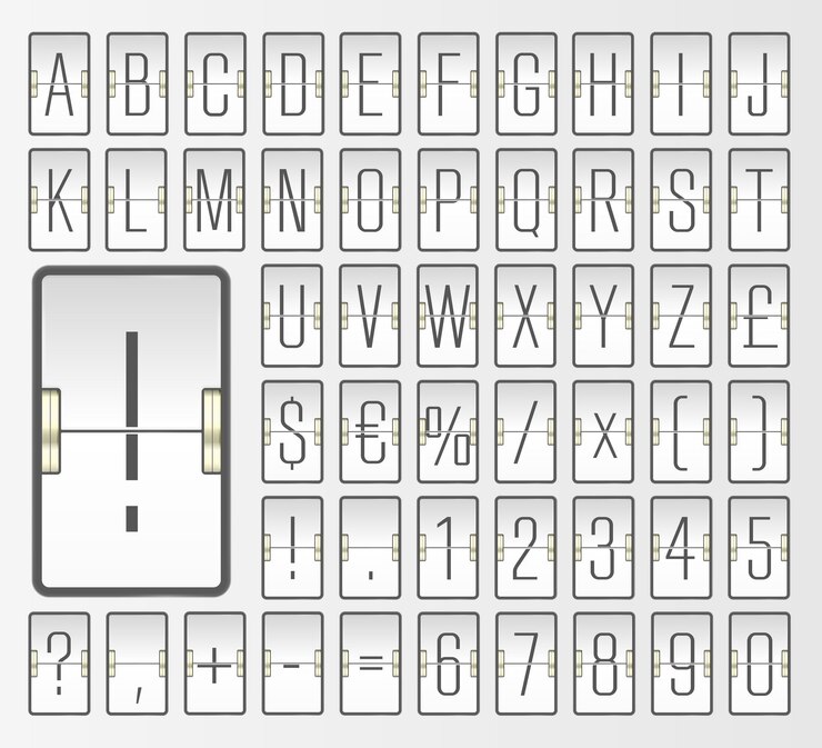 Vector terminal de aeropuerto estrecho tablero de puntuación mecánico con fuente alfabética con números para mostrar la información de salida de vuelo, destino o llegada y horario ilustración vectorial