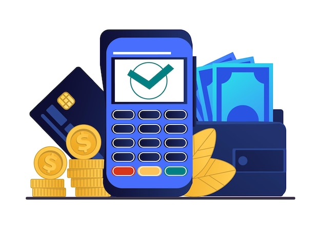Terminal de pago Concepto de transacción financiera sin efectivo Pagar con tarjeta de crédito Equipo de banca electrónica pilas de monedas y billetera con billetes Transferencia de dinero en línea vectorial
