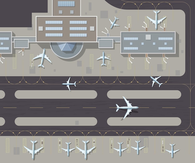 Terminal de pasajeros con vista superior del aeropuerto y pista de aterrizaje con aviones estacionados vista aérea de arriba hacia abajo de una terminal de aeropuerto concurrida la pista de aterrizaje del avión hangar de edificios para aviones ilustración vectorial
