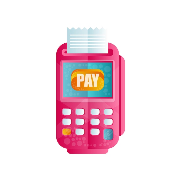 Vector terminal pos que confirma la máquina de pago para procesar pagos mediante vector plano de tarjeta de crédito o débito ilustración aislada sobre fondo blanco