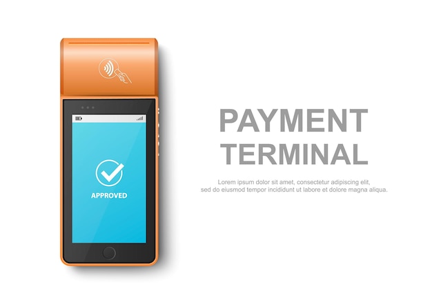 Terminal punto de venta de pago naranja NFC en 3D vectorial con estado de pago aprobado