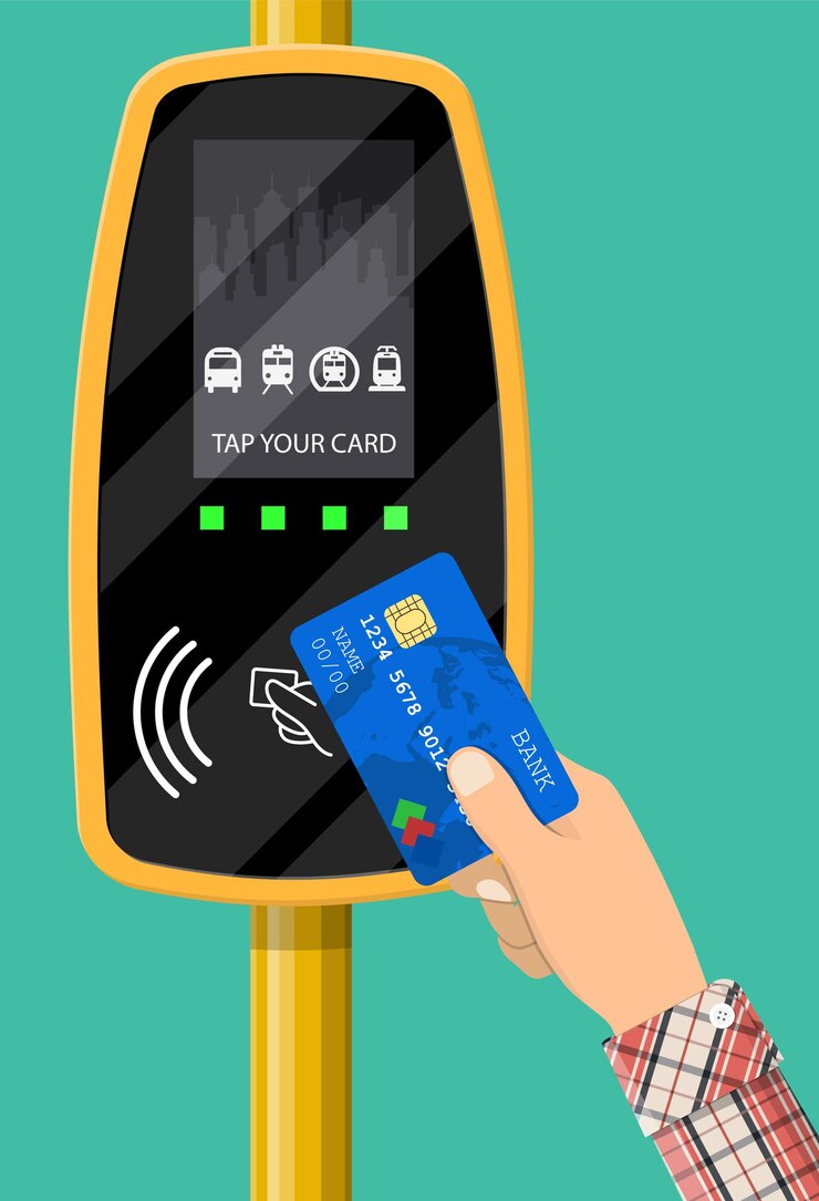 Vector terminal y tarjeta bancaria en mano.