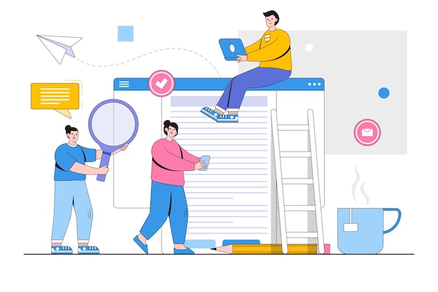 Términos y condiciones revisión del contrato comercial y firma de la política de privacidad con personajes de personas Ilustración de vector mínimo de estilo de diseño de esquema para imágenes de héroe de banner web de página de destino