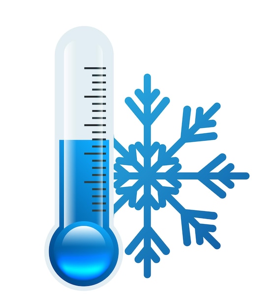 Vector termómetro azul con un copo de nieve por debajo de cero