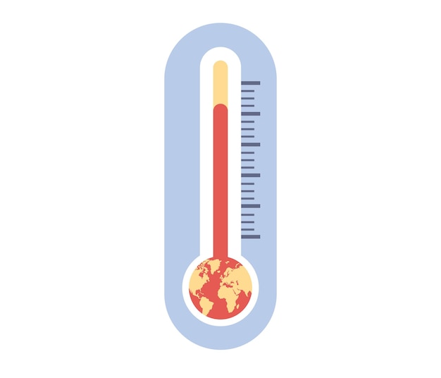 Termómetro de calentamiento global con Planeta Tierra. Cambio climático. Peligros ecológicos, contaminación del aire. Vector