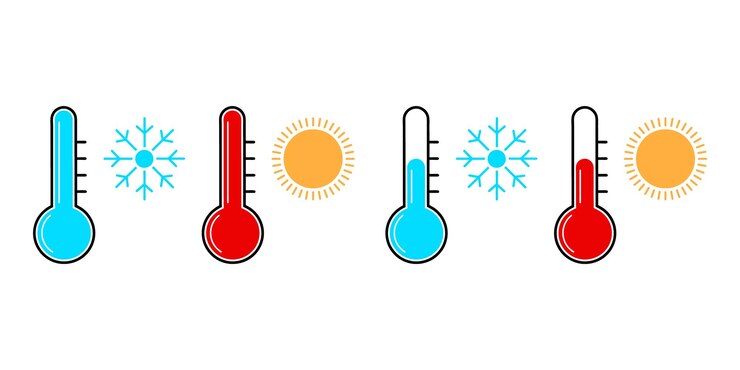 Vector el termómetro establece el icono de la temperatura, el vector del sol, el copo de nieve, el calor, el frío, el verano, el invierno, la temporada, la escala del tiempo.