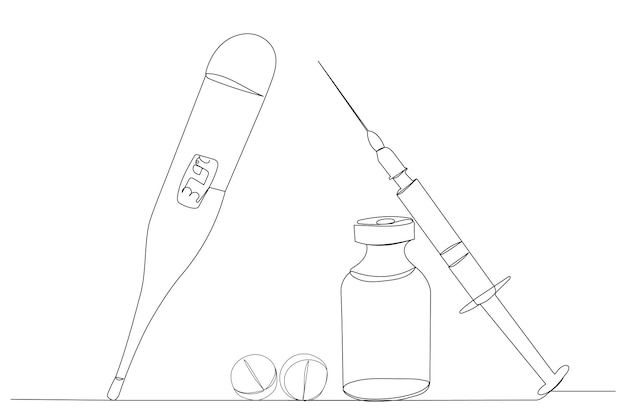 Termómetro y medicinas dibujo de una línea vector de boceto