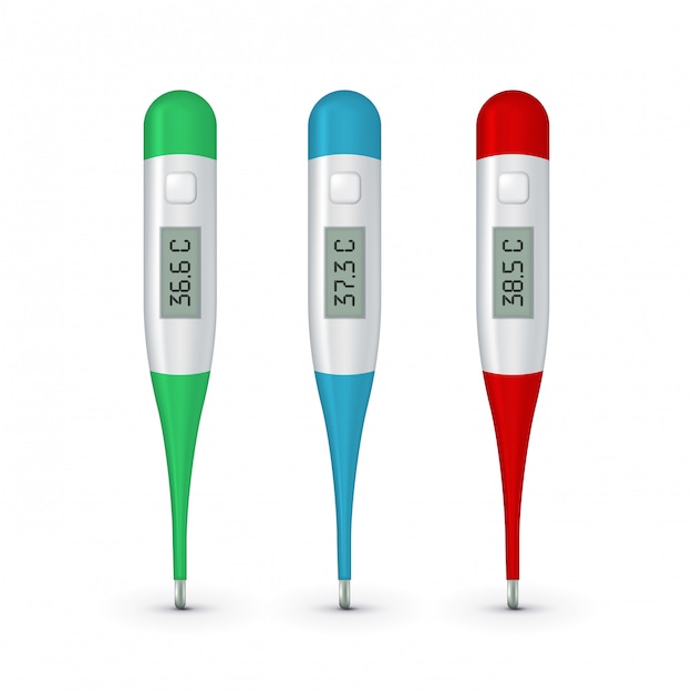Vector termómetro médico electrónico realista 3d celsius para medir el conjunto closeupisolated.