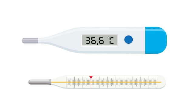 Termómetro médico Mercurio médico clásico y termómetro electrónico para medir la temperatura Conjunto de iconos aislados del dispositivo de termómetro de grado Ilustración vectorial de equipos médicos y de atención médica