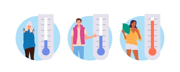 Termómetro meteorológico con diferentes grados de temperatura y personas diversas composición de iconos redondos conjunto aislado Ilustración vectorial de hombre y mujer y condiciones de vida altas, bajas y normales