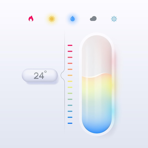 Termómetro meteorológico de vidrio con líquido e íconos para visualizar la temperatura y los fenómenos naturales