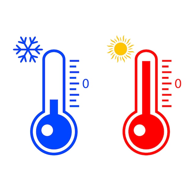 Termómetro que mide el calor y el frío con el sol y el icono del copo de nieve aislado en el fondo blanco