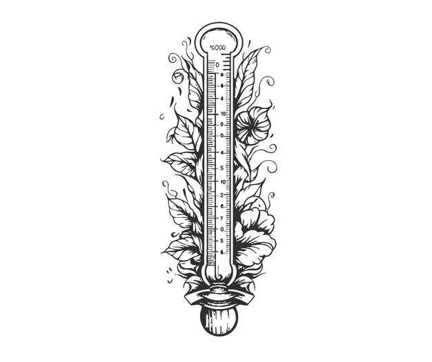 Termómetro con temperaturas en aumento en blanco y negro Un boceto dibujado a mano resaltado en un fondo blanco Ilustración vectorial