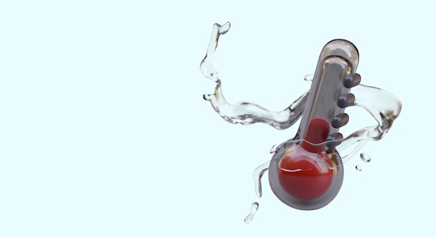Termómetro de vidrio rojo realista salpicaduras de agua Concepto de refrigeración Bajar la temperatura
