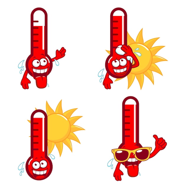 Termómetros de calor de dibujos animados El clima caluroso del verano gracioso Temperatura de dibuyos animados Ilustración vectorial