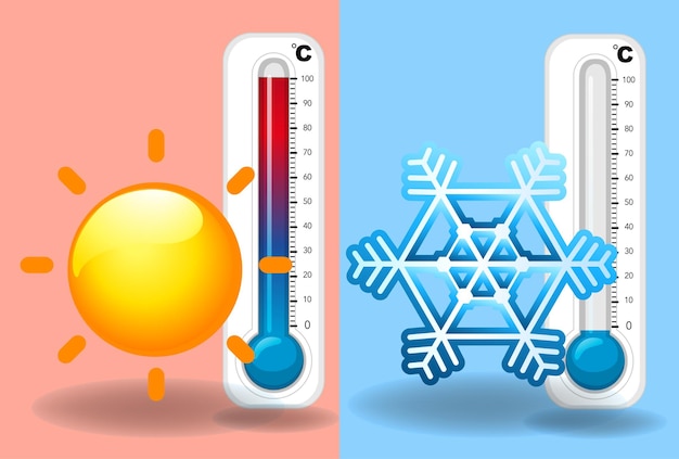 Vector termómetros en verano e invierno.