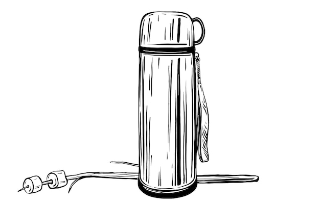 Termos y malvavisco frito dibujado a mano en estilo doodle un recipiente con taza de bebida caliente para la caminata