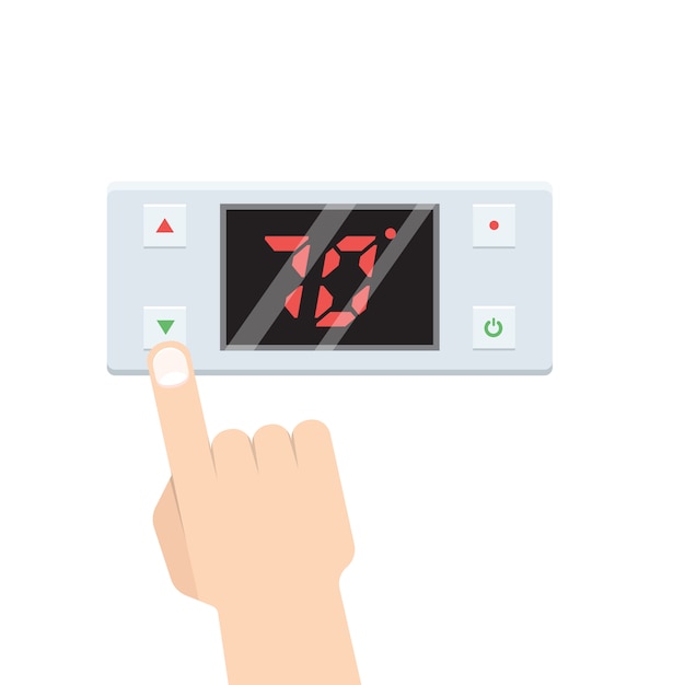 Vector termostato electrónico con mano que está presionando el botón.