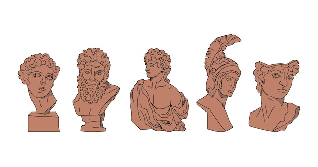 Vector terracotta antiguas esculturas de bustos de dioses griegos paquete de héroes masculinos y dioses vector