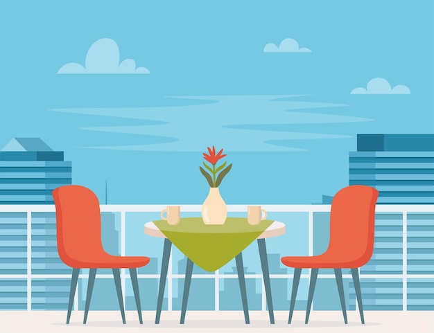 Terraza de café al aire libre de verano con mesa y asientos en el fondo de la ciudad moderna Escena del restaurante de la calle