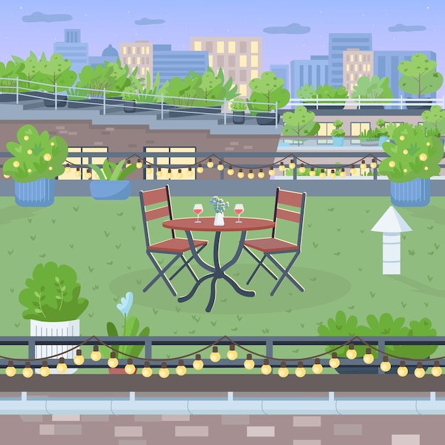 Terraza para cena romántica color plano. muebles en el patio de la azotea. mesa y sillas para cenar. paisaje de dibujos animados 2d de jardín urbano con paisaje urbano en el fondo