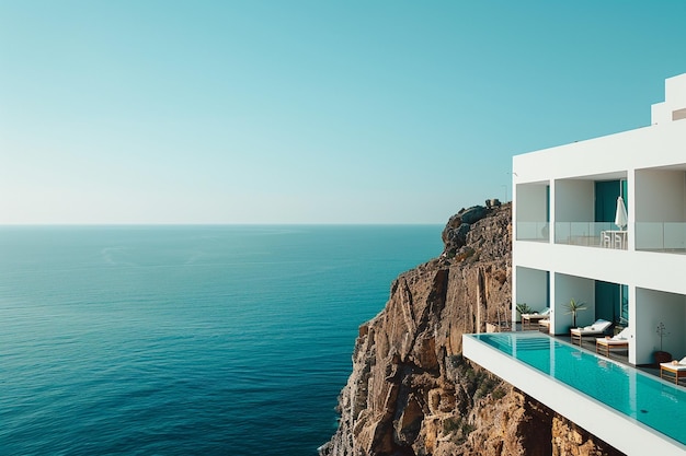 Terraza cerca de la sala de estar y la piscina en una casa moderna en la playa o en una villa de lujo Deck de madera 3d ren
