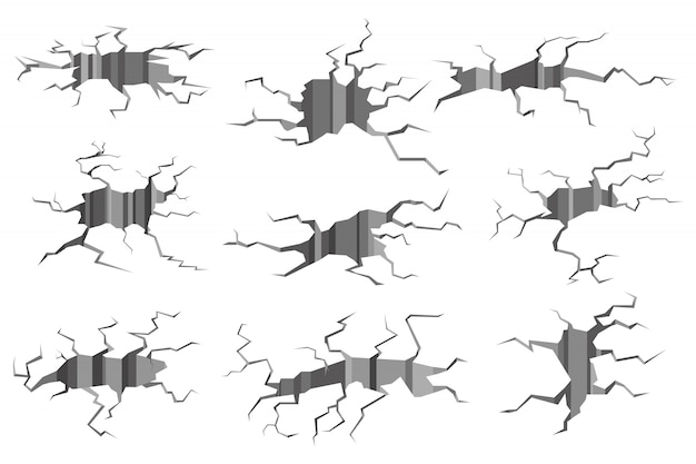 Terremoto crack. Pared arruinada, agujero en el suelo y grietas de destrucción. Tierra agrietada, superficie de hormigón con divisiones aisladas tierra fracturada en 3D o juego de vidrio