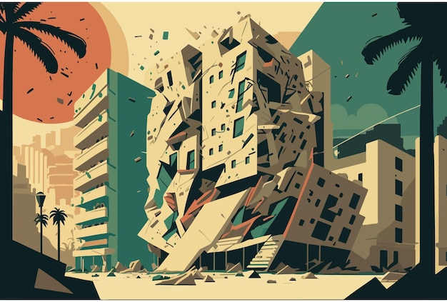 El terremoto de Siria y el terremoto de Turquía. Ilustración de vector de ciudad destruida