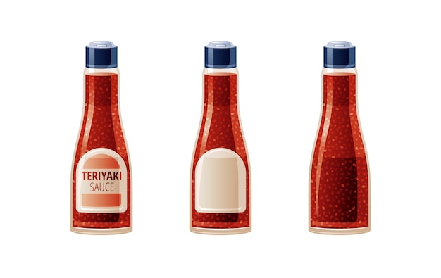Teryaki Soy salsa asiática 3 salsas de soja teriyaki conjunto Iconos de alimentos con logotipo de texto empaquetado etiqueta vacía maqueta en blanco Botella de soja japonesa de vidrio para sushi 3d ilustración vectorial realista aislada