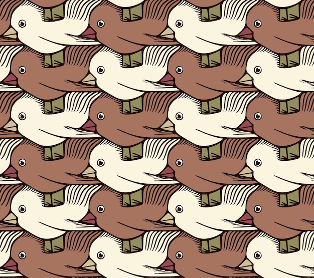 Teselación de estilo Escher sin costuras con pájaros lindos en arreglo de colores de tablero de ajedrez