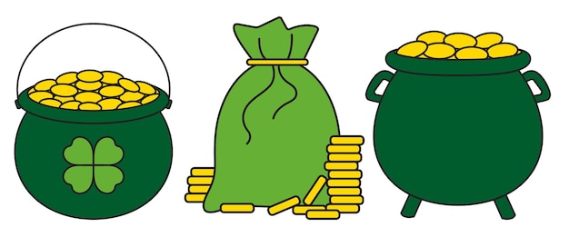 Tesoros del Día de San Patricio caldero lleno de bolsa de monedas de oro de estilo vintage retro conjunto icono plano vectorial aislado en un fondo blanco transparente