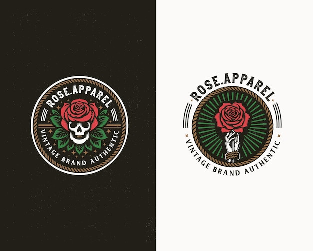 Tesouro muerto de insignia de época con ilustración de rosa impresión de logotipo para empresa de negocios