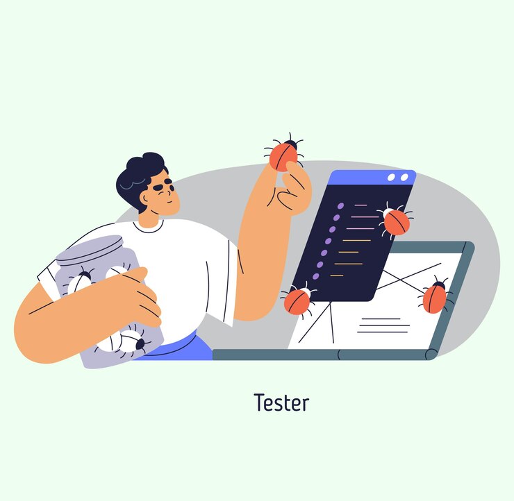Vector testador de software examinando errores en una pantalla