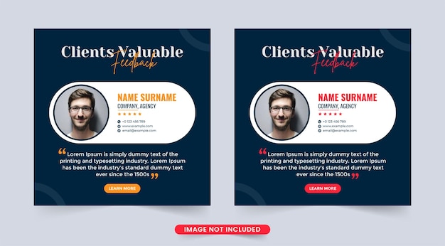 Testimonio de comentarios de clientes con sección de calificación de estrellas Diseño de comentarios de servicio al cliente con texto amarillo y rojo sobre fondo oscuro Testimonios de clientes y vector de plantilla de comentarios de revisión