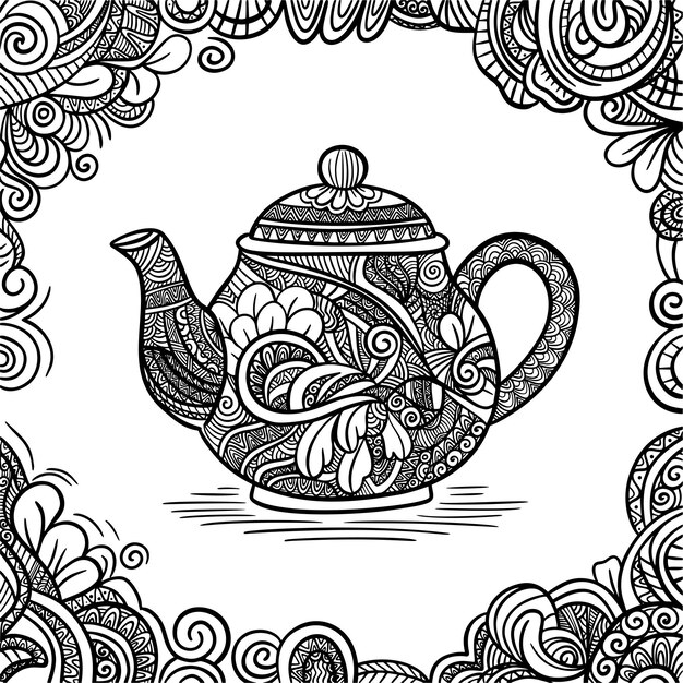 La tetera de arte zen té zentangle para el adulto libro de colorear contra el estrés zendoodle