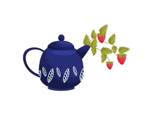 Tetera azul con fresas sobre fondo blanco.