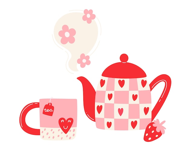 Una tetera brillante y un juego de tazas con té caliente de fresa