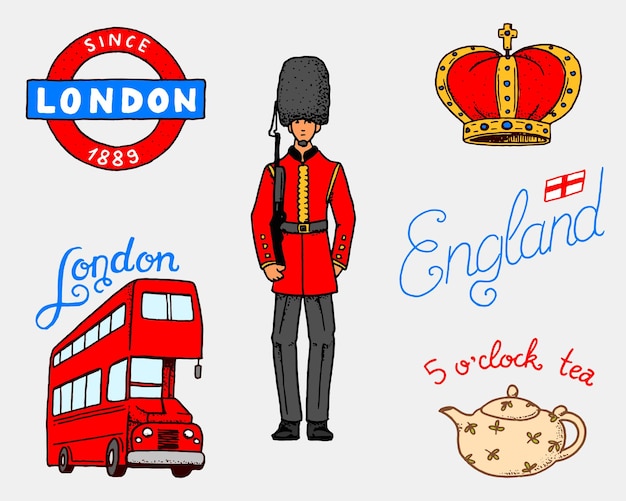 Tetera de la corona y la reina británica con autobús de té y guardia real de Londres y los símbolos de los caballeros
