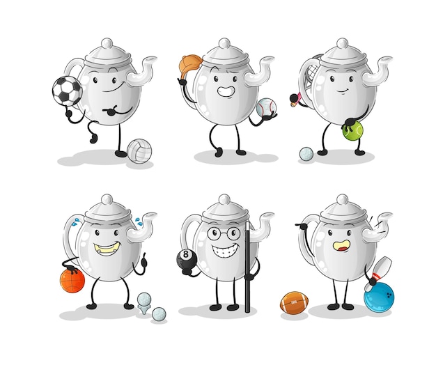tetera, deporte, conjunto, carácter, caricatura, mascota