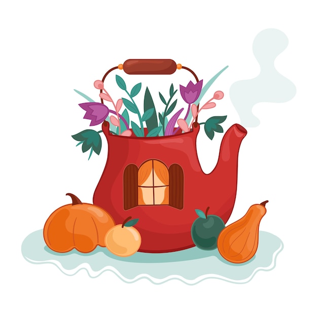 Tetera de otoño de ilustración vectorial con plantas, flores, calabaza en una servilleta calada