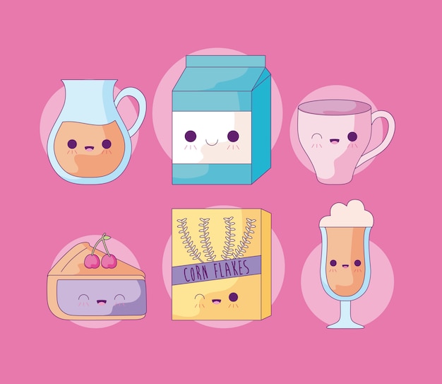 Vector tetera con set de comida estilo kawaii