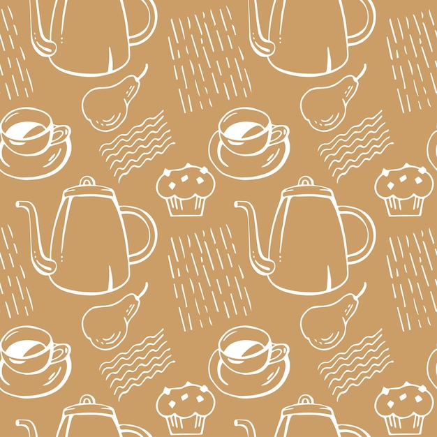 Tetera, taza de café, muffin, pera y elementos decorativos blancos aislados en fondo marrón claro